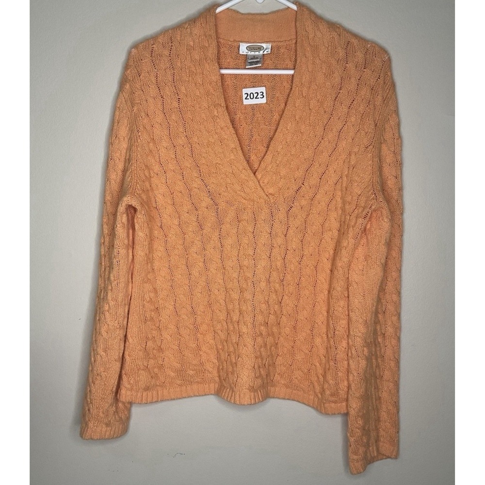 Talbots Petite Orange Cable Long Sleeve V-Neck Sweater Women Size Large Pullover